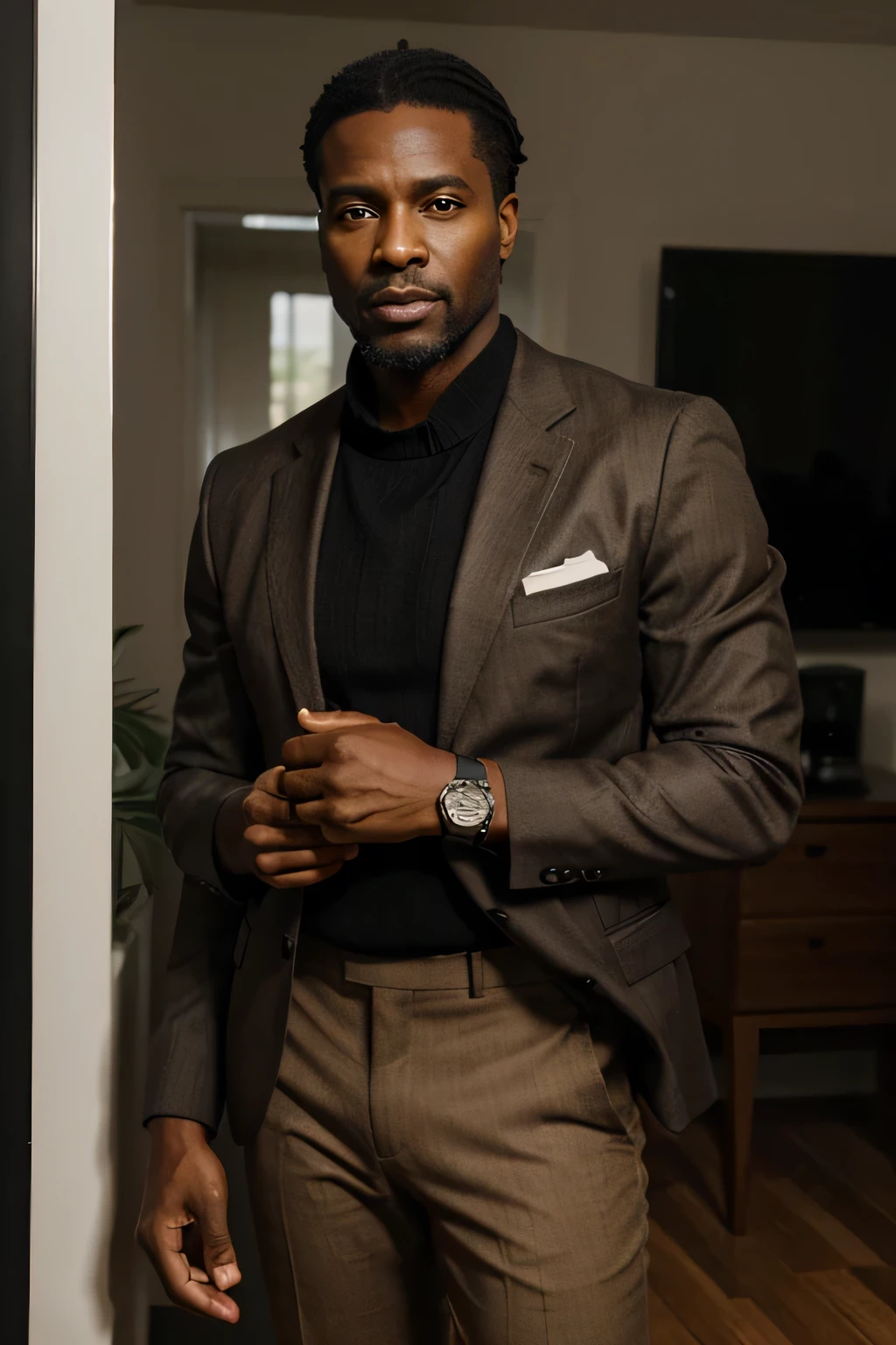 a black man in his forties standing in a diagonal position to the side, com barba e cabelo curto, wearing a stylish blazer and brown pants, wearing a watch and holding hands, corpo inteiro, fotorrealista, ultrarrealista |, octano, emprestar, HDR, 8k --v 5