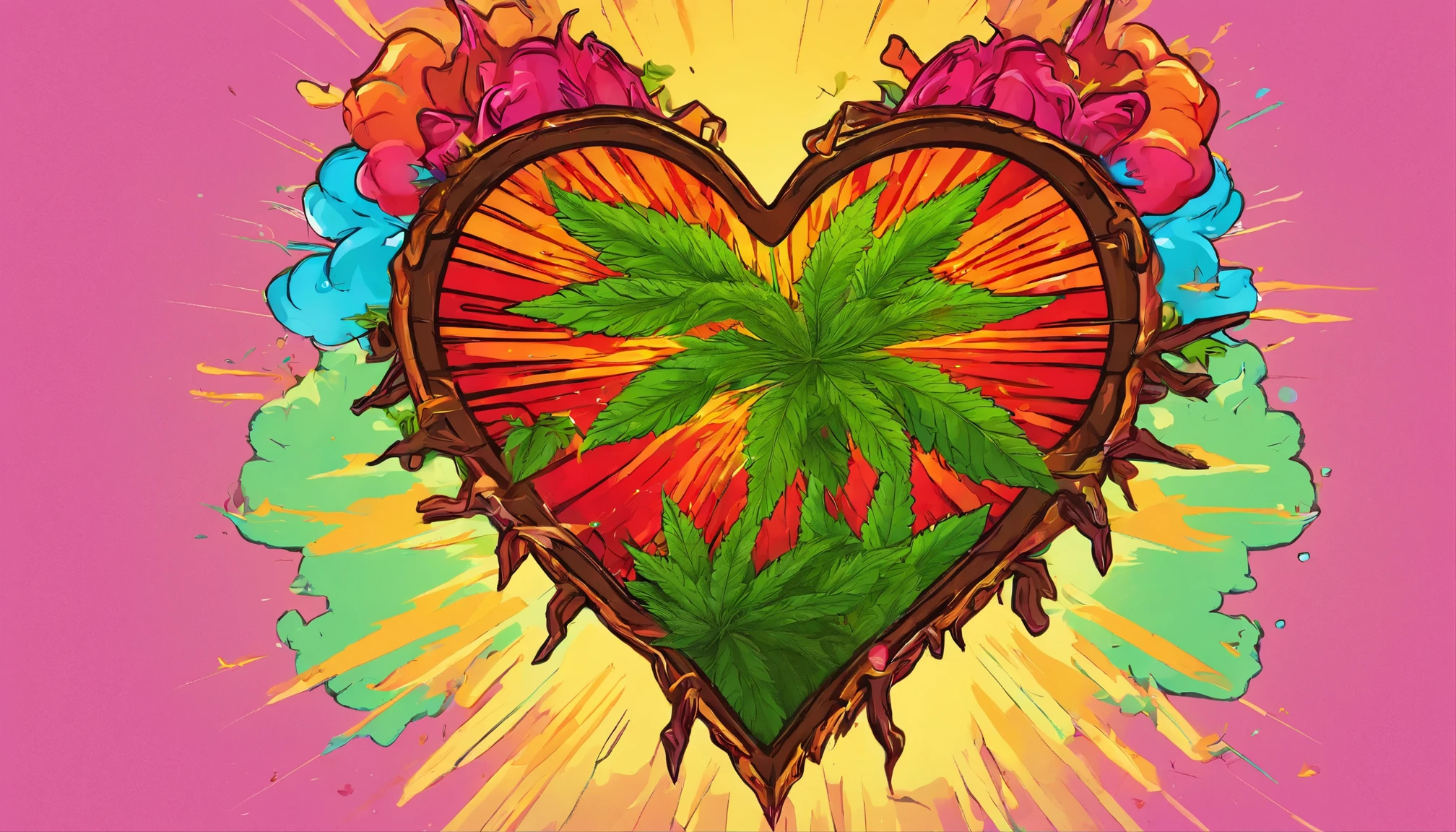 a heart covered in marijuana with the power of gods love Shining through. Vibrant colors