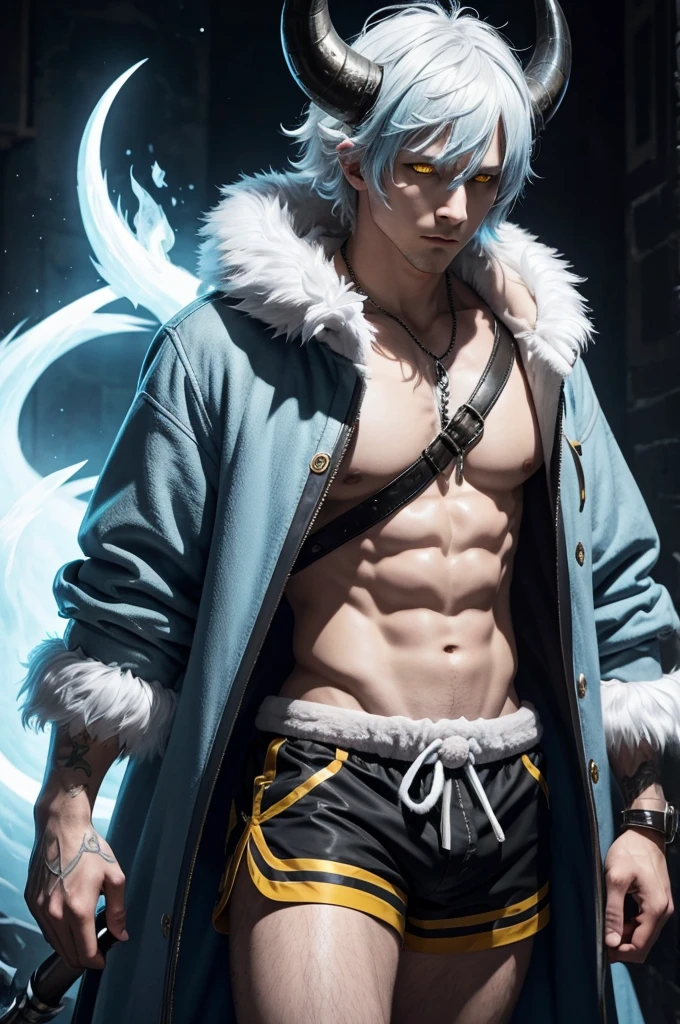 (by dagasi: 1.1), BREAK, Masterpiece, High Resolution, 8K, Detailed Background, High Quality, BREAK, BREAK, ((light blue fur, white hair, black sclera, ghost horn, 2 horns, yellow eyes, fluffy, detailed fur)) Fur, break, male, humanoid, shorts, trident, swimming trunks