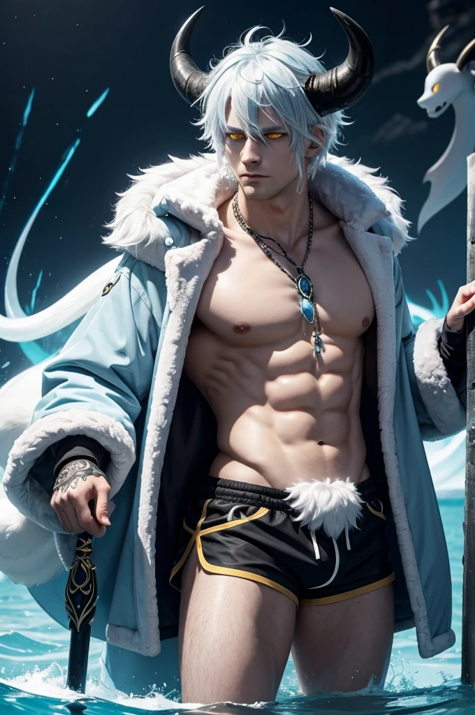 (by dagasi: 1.1), BREAK, Masterpiece, High Resolution, 8K, Detailed Background, High Quality, BREAK, BREAK, ((light blue fur, white hair, black sclera, ghost horn, 2 horns, yellow eyes, fluffy, detailed fur)) Fur, break, male, humanoid, shorts, trident, swimming trunks