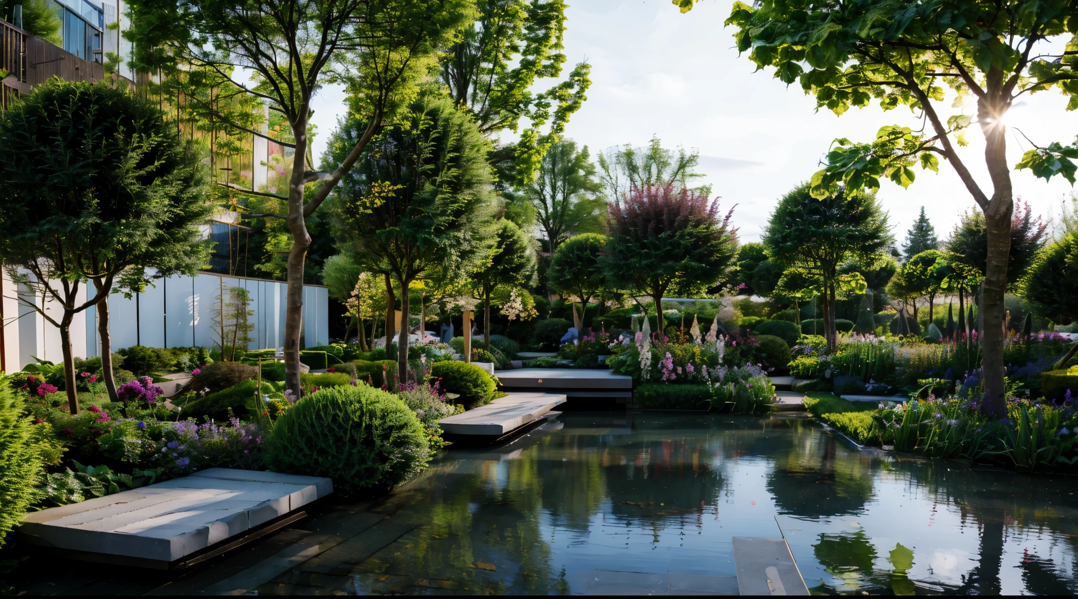 (best quality,4k,8k,highres,masterpiece:1.2),ultra-detailed,(realistic,photorealistic,photo-realistic:1.37),landscaping design, waterfront design, lush green plants, vibrant flowers, small boat, Japanese tropical garden, serene atmosphere, harmonious blend of nature and water, tranquil environment, natural elements, zen aesthetics, picturesque scenery, gentle ripples on the water, vibrant colors, soft sunlight filtering through the trees.