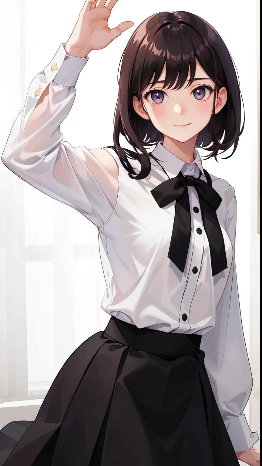 1girl in、As-、A smile、Light in the eyes、The shirt、Blouse、skirt by the、(small tits)Chilarism、movement、Upper body portrait、