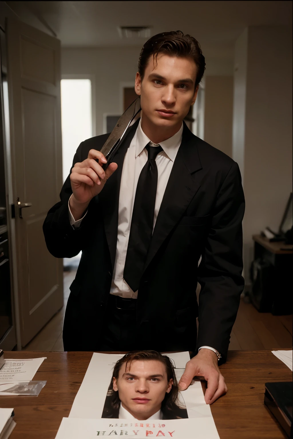 arafed image of a man holding a crowbar in his hand, american psycho, in american psycho (1999), in american psycho ( 1 9 9 9 ), in american psycho, david lynch film, psycho, an independent psycho, quentin tarantino movie posters, 1995 movie, patrick bateman), horror poster 9 0 s, patrick bateman with ted bundy instead of patrick bateman wearing a suit