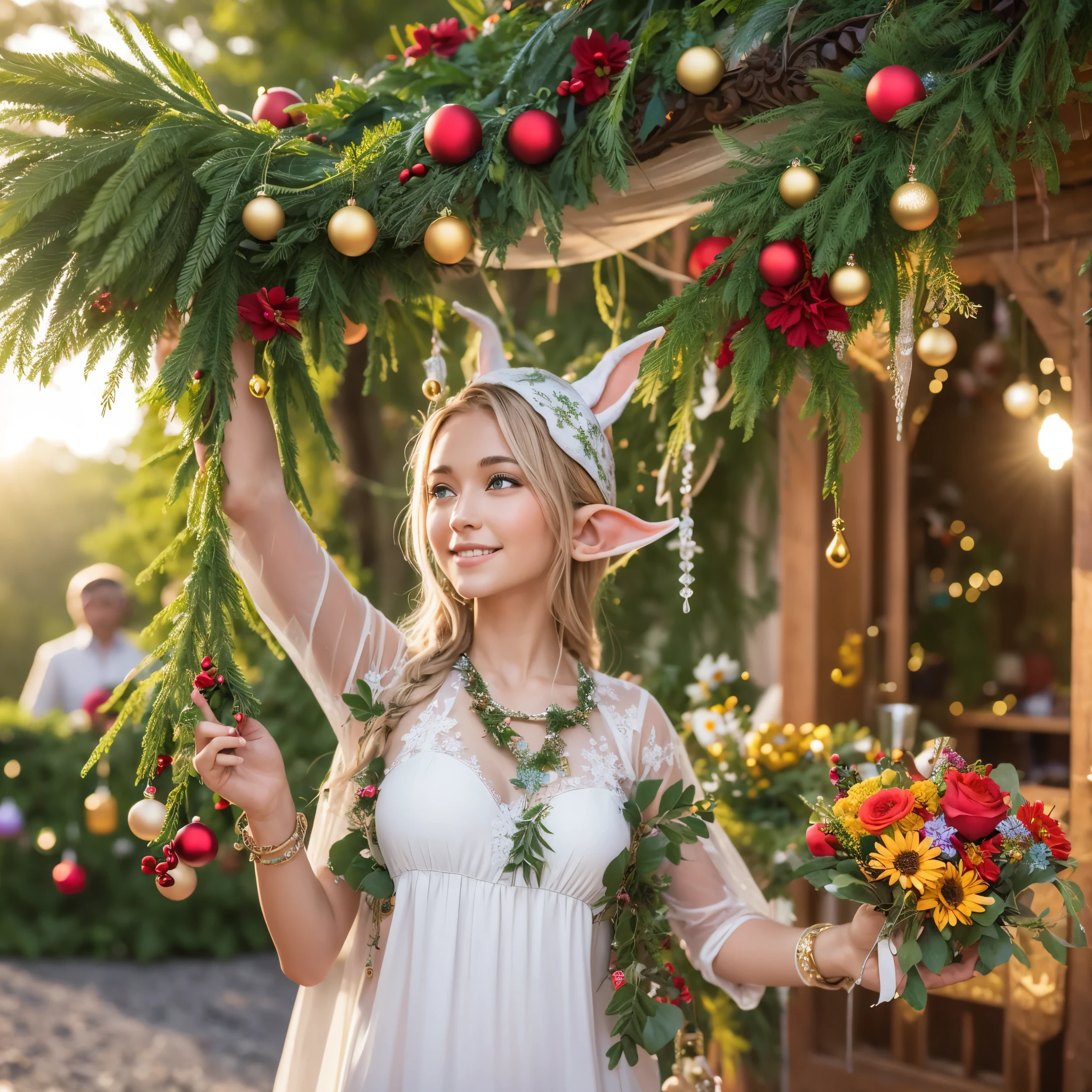 Transport the festivities to a midsummer celebration where elves dance under a sunlit sky, surrounded by fractal flowers and adorned with unique 3D Christmas ornaments.