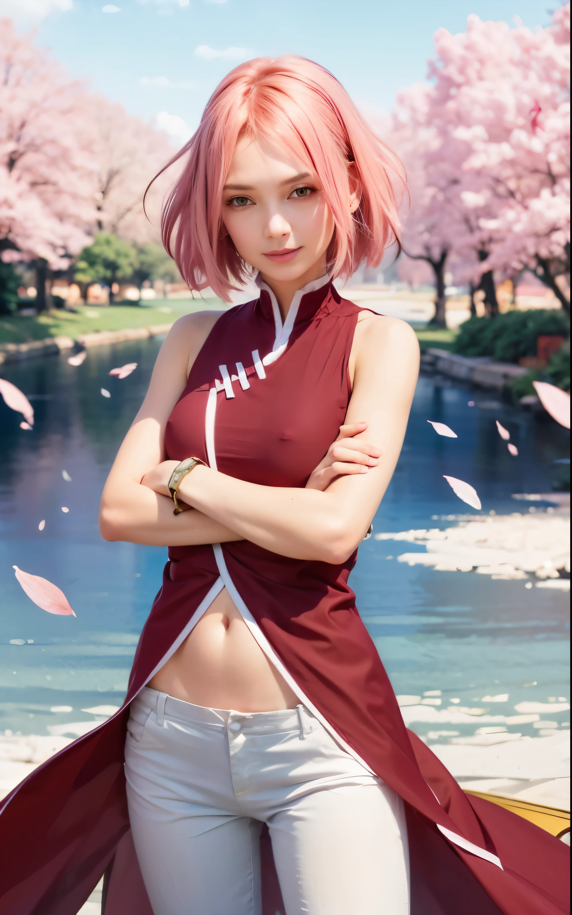 A woman with pink-red T-shirt, pink hair, white pants, green eyes