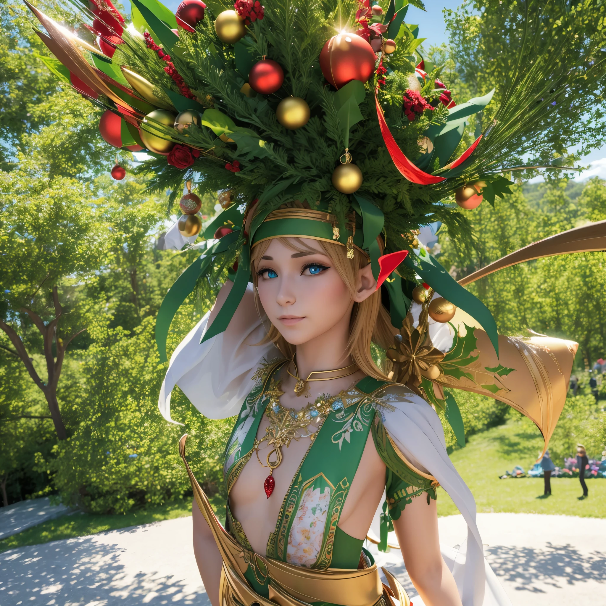 Transport the festivities to a midsummer celebration where elves dance under a sunlit sky, surrounded by fractal flowers and adorned with unique 3D Christmas ornaments.