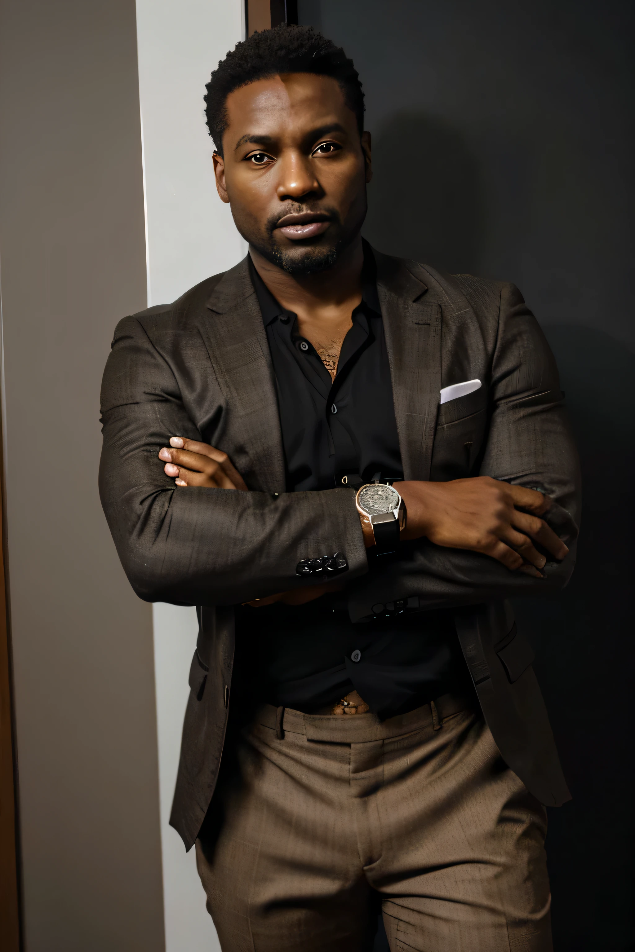 a 40-year-old black man in a Diagonal position, corpo inteiro com barba e cabelo curto, wearing a stylish blazer and brown pants, wearing a watch and with hands together, Diagonal position, fotorrealista, ultrarrealista | | |, octano, emprestar, HDR, 8k --v 5