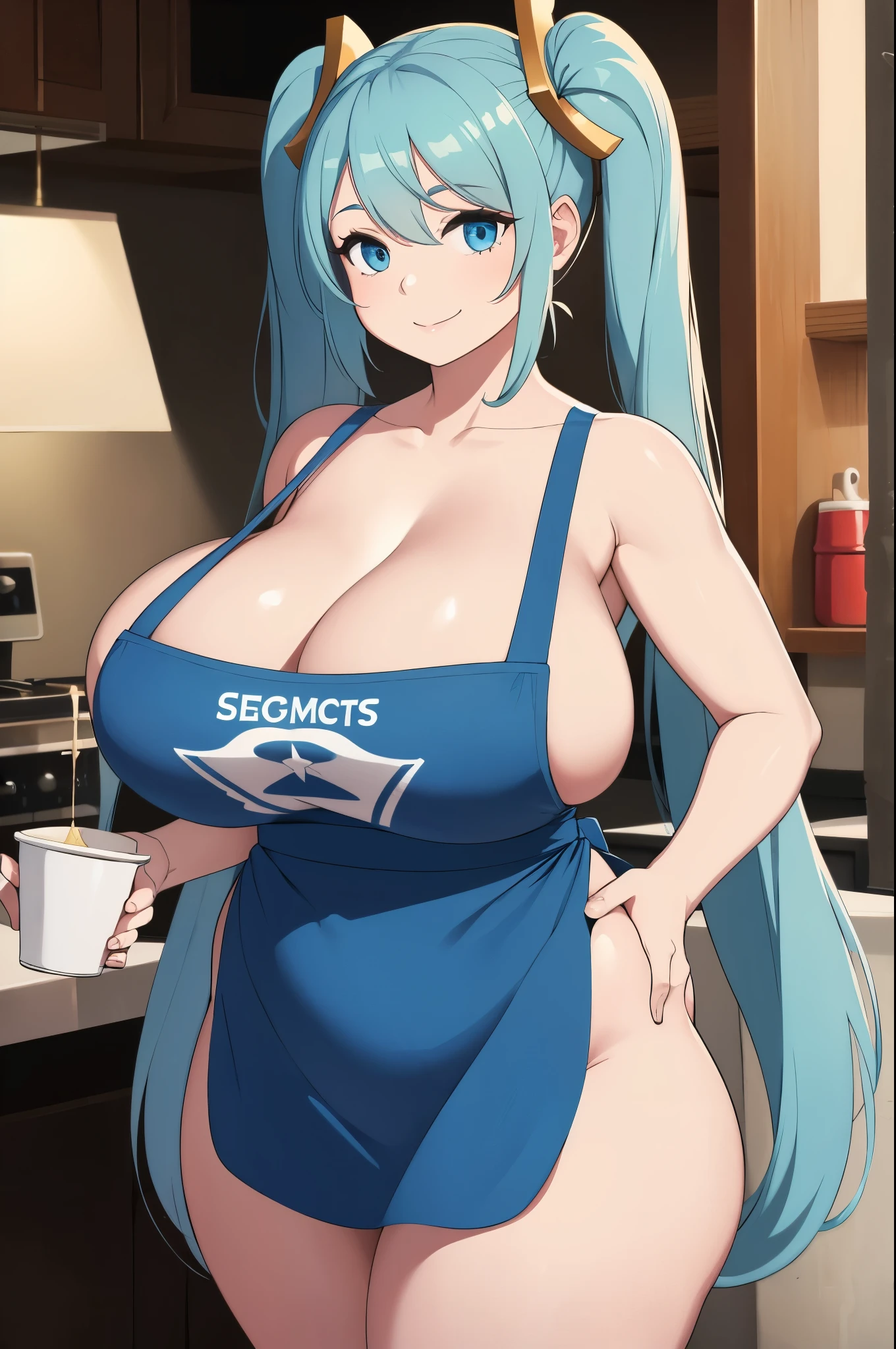 (masterpiece, official art), 1girls, solo, shortstackBT, shortstack, thick, curvy, curvaceous, light blue hair, blue eyes, long hair, sona buvelle, twintails, hair ornament, ((naked apron)), (closeup), portrait, (gigantic breasts), standing, cowboy shot, at starbucks, sunlight, looking at viewer, (upper body), smile, seductive, alluring attire, (cleavage), open shoulders