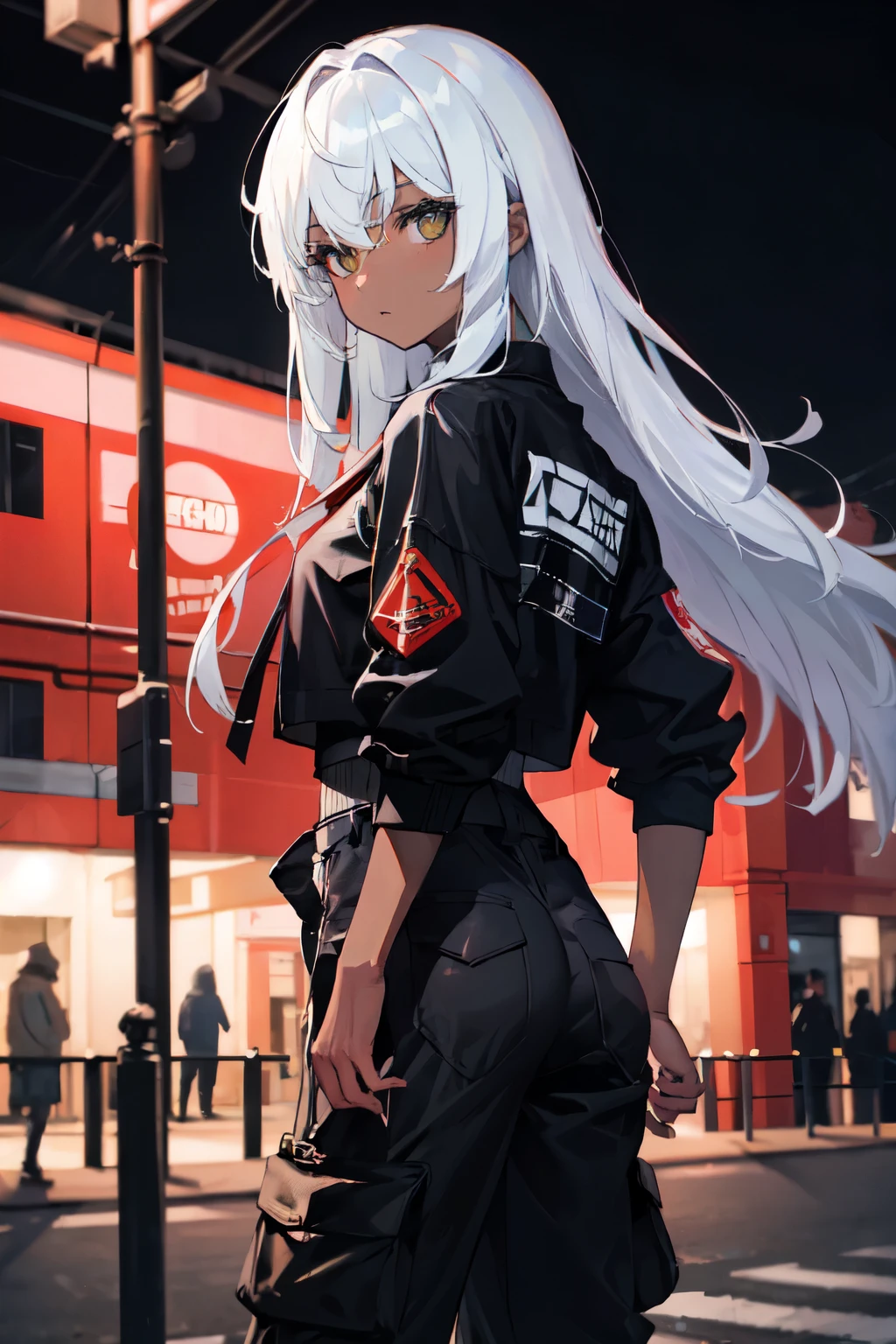 (masterpiece:1.4), 1girl, Streetwear, cargo pants, street, model,(masterpiece, best quality, highres, ultra detailed ), night, depth of field, absurdreasterpiece:1.4), ultra-detailed, 1girl, dark-skinned, stand up, black and yellow, long black wildly hair with white streaks, tatoos, white hair white lips, cool backstreet background, beautiful face