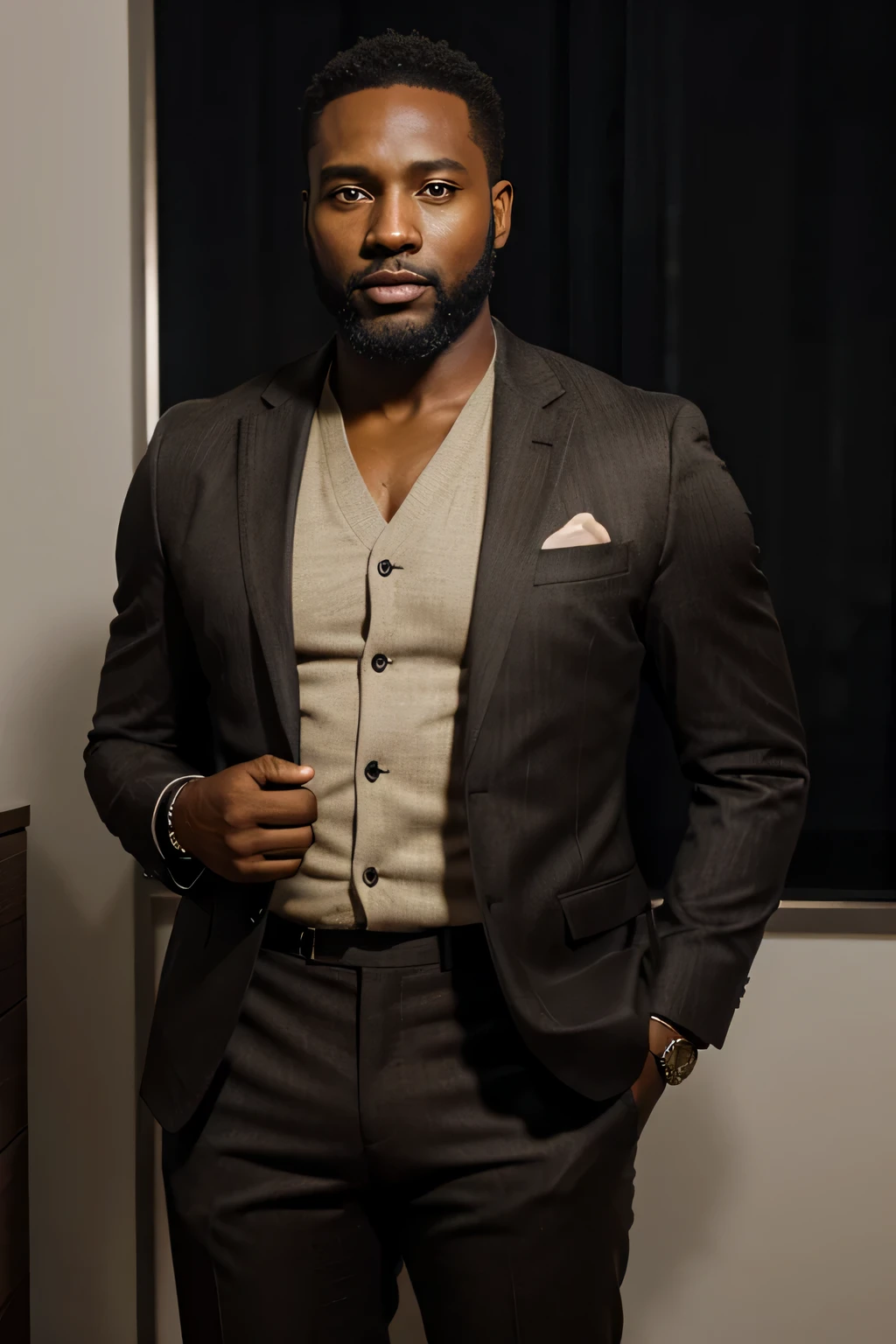 a 40-year-old black man in a Diagonal position, corpo inteiro com barba e cabelo curto, wearing a stylish blazer and brown pants, wearing a watch and with hands together, Diagonal position, fotorrealista, ultrarrealista |, octano, emprestar, HDR, 8k --v 5