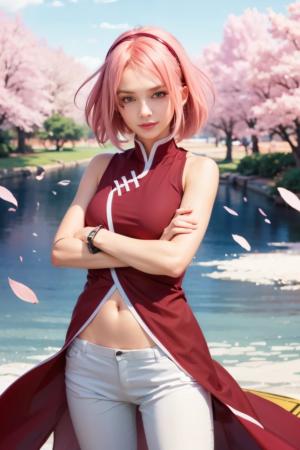 A woman with pink-red T-shirt, pink hair, white pants, green eyes