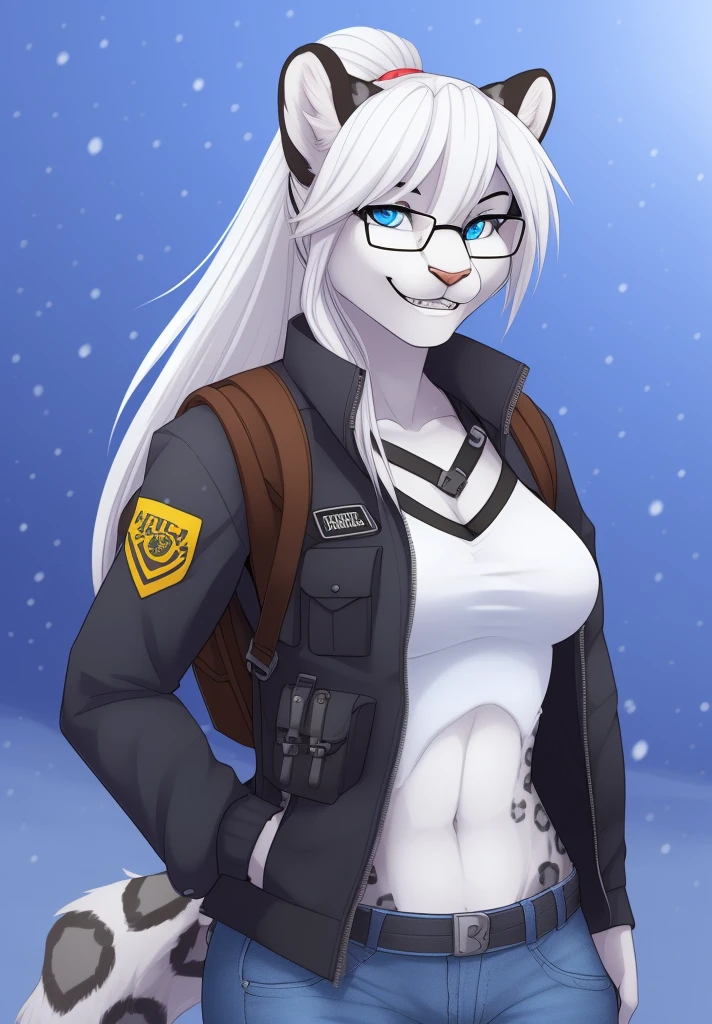 by wolfy-nail, (best quality, masterpiece:1), solo, anthro, furry, female, ((Snow Leopard)), blue eyes, white hair, long hair, ponytail, portrait, fingers, finger claws, looking at viewer, snow leopard tail, ((large tuft of hair on the chest)), ((denim jeans)), ((jacket)), ((shirt)), ((fully clothed)), ((medium breasts)), ((tactical vest)), ((backpack)), ((nerd)), glasses, braces, smiling, ((1woman)), ((1man)), ((posing for photo)) ((Male anthro)), ((taller male)), ((shorter female)), ((muscular male))