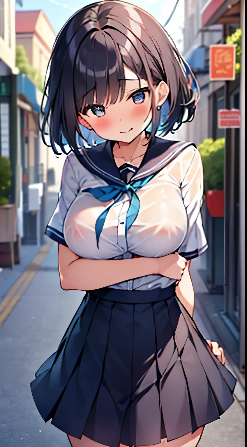((top-quality、8K、​masterpiece:1.3))、女の子1人、In a town where many people walk、Slender Abs、sofas、hyperdetailed face、A detailed eye、二重まぶた、非常にlarge full breasts、large full breasts、Colossal tits、Neat and clean schoolgirl、short-hair、Straight bob hair、前髪のあるshort-hair、A smile、Schoolgirl Uniform、Low male genitals visible through the skirt、An 18-year-old woman、Sheer white shirt、Unbutton and unfold the shirt、Exposing breasts、Navy blue ribbon at the collar、Dark blue pleated micro mini、Sexy、Peek at the viewer、Beautiful graphics、Bright and sunny main street、There are a lot of people、Show me your whole body、beautiful legal body photos、is standing、No bra、teats see through、The shape of your nipples is noticeable even under your shirt.、No panties、No panties、Detailed female genital shape pantyhose missing、(Facing the front)(((Blushing cheeks、embarassed expression)),(((The skirt is rolled up by the wind)))、Showing female genitalia、、Background depth of field、Please choose one&#39;skirt in the crowd、Men behind、Grabbed by a man、Chest grabbing