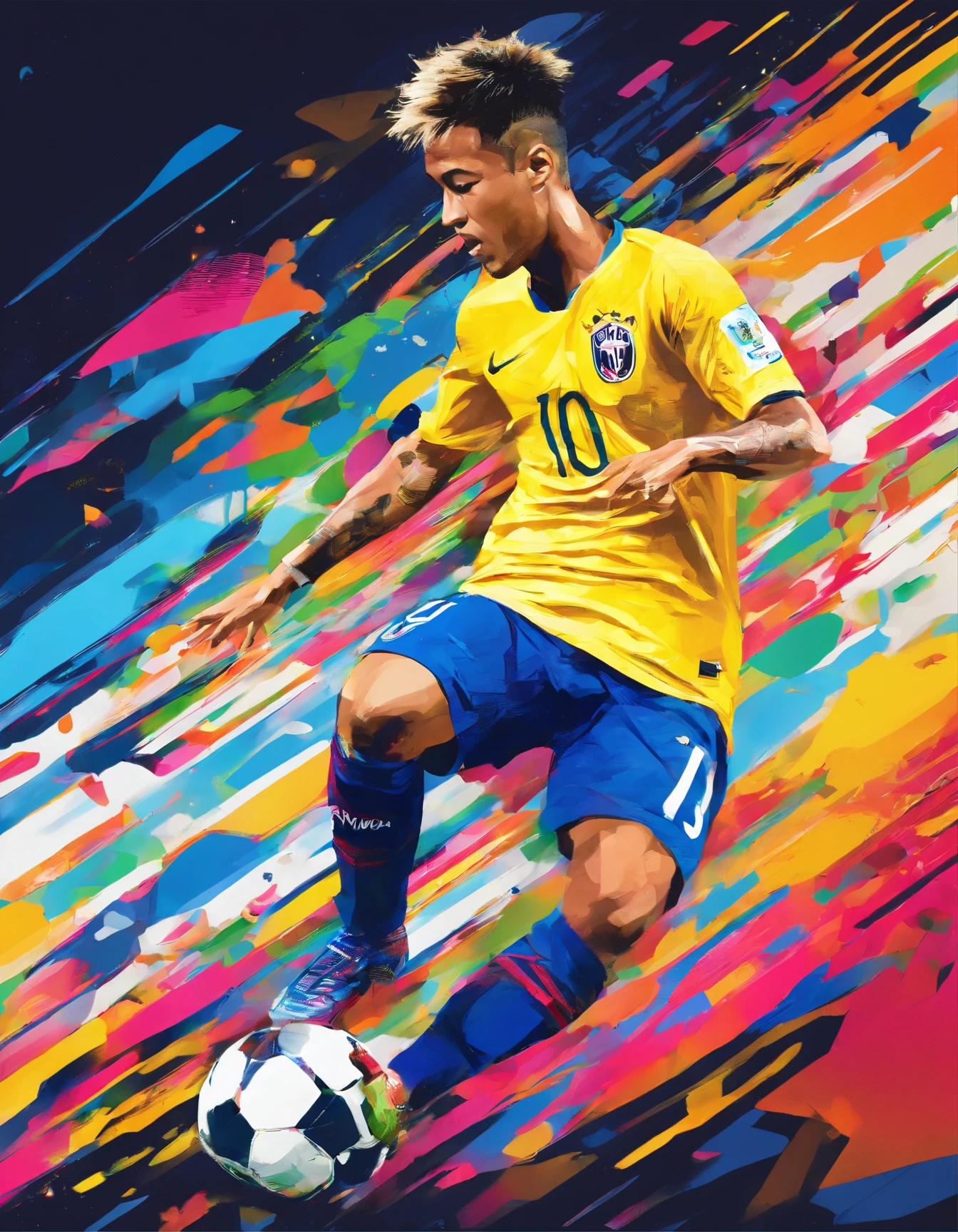 (best quality,highres,masterpiece:1.2),ultra-detailed,realistic,photography,sport,portrait,close-up,Neymar,star player,colorful,emotional expression,intense focus,athletic,body movement,dynamic,stadium lights,pitch,action-packed,fast-paced,soccer ball,futuristic,energetic,artistic,backlighting,vivid colors,masterful shading,striking,eye-catching,heroic pose,iconic,graceful,winner celebration,powerful kick,explosive speed,unstoppable,admiring crowd,passion for the game,unforgettable moment,amazing skills,soccer superstar,world-class player。