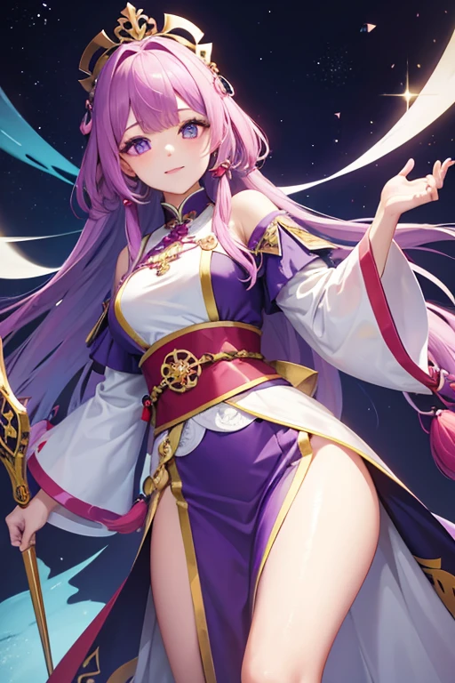 Bright purple Taoist robe, Falda larga Hanfu, ojos grandes, Obra maestra belleza absoluta, 1 mujer, primer plano. primer plano, sonrisa curativa, escena de nieve, , trenza retorcida, Peinado princesa corte princesa, Accesorios sencillos para el cabello,