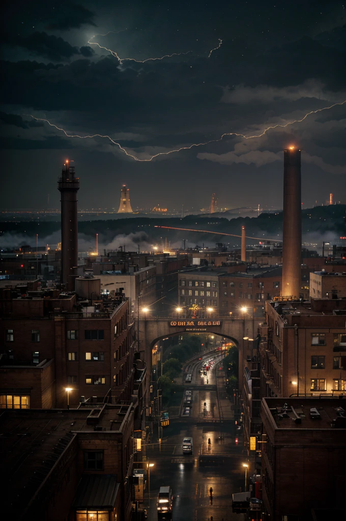 industrial city, surround by wall, steampunk. there is inn, residental area, ((airships)) in the sky, city gate, rusty and heavy, smoke, chimney, factories, gears, machinery, tall buildings, towers, steam power, steam pipes, streetlights, (bird-eye view), (night time, starry sky), (hard rain), (crossroad), (cinematic lighting:0.8, super detail, bloom)