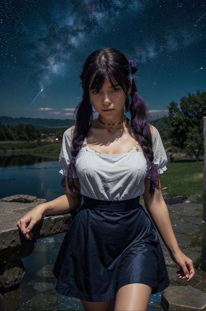 girl, located in the corner, looking at the sky, solo, Mona (Genshin Impact), choker, hair between eyes, star (symbol), long hair, dark purple hair, twintails, blue eyes, shining eyes, jewelry, witch, maid, bangs, purple black dress, purple skirt, white apron, landscape, night sky, star (sky), starry sky, night, outdoor, clouds, reflection, water, magic, tarot, water magic, ((beautiful golden crystal star)),  space, water droplets, splash