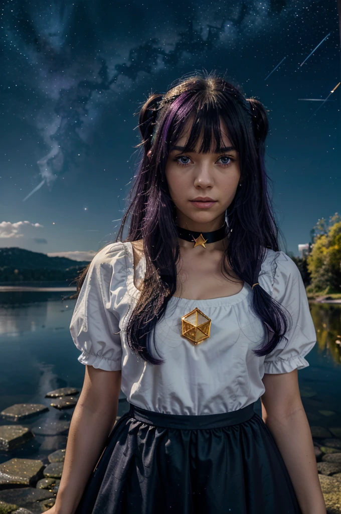 girl, located in the corner, looking at the sky, solo, Mona (Genshin Impact), choker, hair between eyes, star (symbol), long hair, dark purple hair, twintails, blue eyes, shining eyes, jewelry, witch, maid, bangs, purple black dress, purple skirt, white apron, landscape, night sky, star (sky), starry sky, night, outdoor, clouds, reflection, water, magic, tarot, water magic, ((beautiful golden crystal star)),  space, water droplets, splash