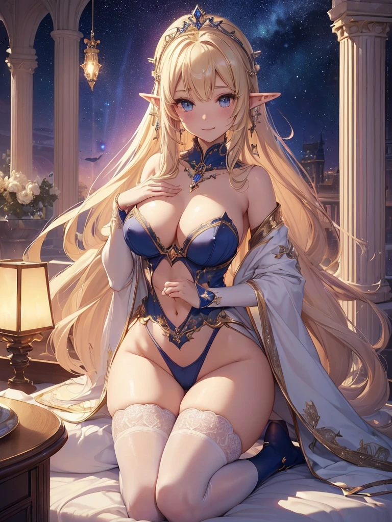 top-quality、Top image quality、masterpiece、Super beautiful elf beauty((24 year old、Best Bust、big bast、Bust 90,beautiful blue long ironed hair、a blond、nudde、A sexy、A slender、a closeup、Esbian、beautiful tiara、、Full body underwear、エロ、sexy、bodystocking、Feet in stockings、hiquality、Beautiful Art、Background with((starrysky)))masutepiece、visualart、depth of fields、Elven ears、、light magic、Space Knight、🎵、Happy smile、Gentle light、、Beautiful legs that are gentle on the skin、、、Number of fingers to achieve precise finger movements、ticker beautiful decoration underwear、elegent、Mystical nsfw.Rosa、Rosa、Marble pillars, beautiful dressy、bedroom、A sexyな体