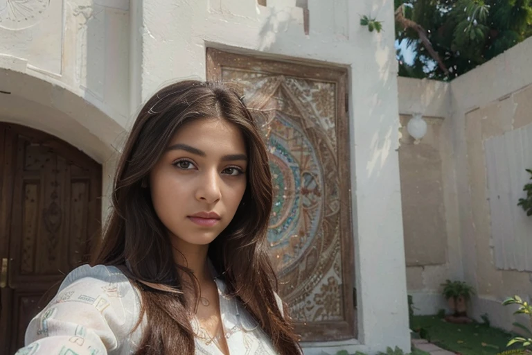 (Best quality, Ultra-detailed, Masterpiece:1.5), a beautiful pakistani woman taking a selfie at a scenic location. The woman should have a flawless, highly detailed face with soft, luminous skin. Her long hair should be naturally brown and stylishly arranged. (Perfect Eyes:1.2), double eyelids, photo-realistic:1.5),