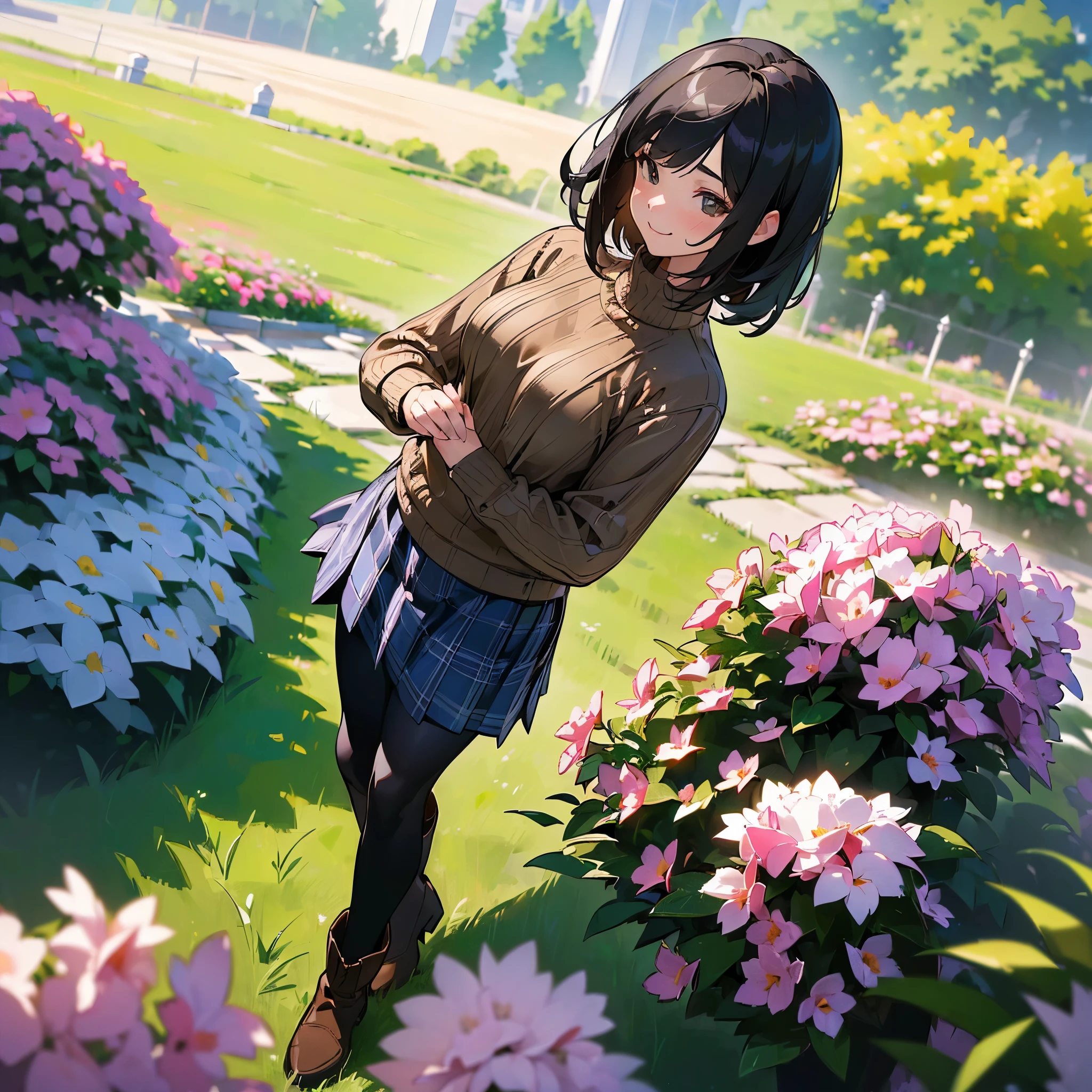 (High quality, High resolution, Ultra-detailed, Realistic:1.37), peaceful ambiance, (plein air, garden), Teenage girl standing alone, (My breasts are big.), Beautiful detailed features, Cute smile, (Black bob hair), Ribbed sweater, blue plaid skirt, Black tights, Brown boots.