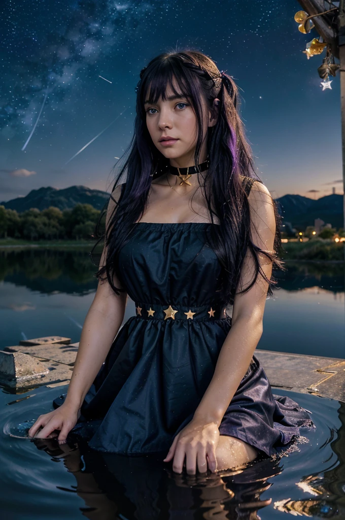 girl, located in the corner, looking at the sky, solo, Mona (Genshin Impact), choker, hair between eyes, star (symbol), long hair, dark purple hair, twintails, blue eyes, shining eyes, jewelry, witch, maid, bangs, purple black dress, purple skirt, white apron, landscape, night sky, star (sky), starry sky, night, outdoor, clouds, reflection, water, magic, tarot, water magic, ((beautiful golden crystal star)), space, water droplets, splash