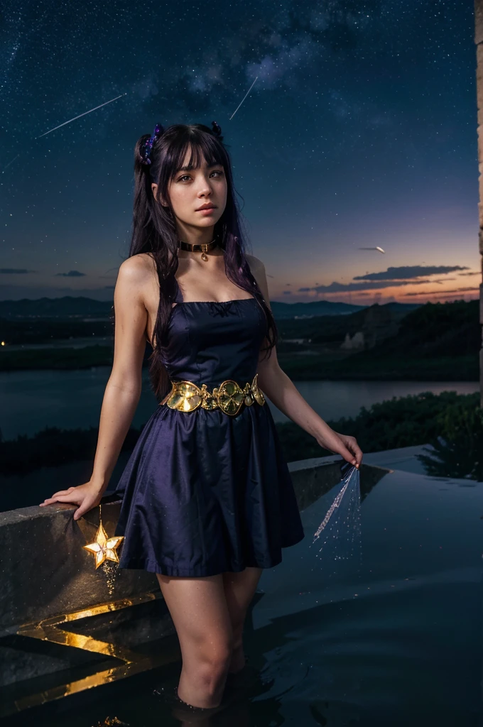 girl, located in the corner, looking at the sky, solo, Mona (Genshin Impact), choker, hair between eyes, star (symbol), long hair, dark purple hair, twintails, blue eyes, shining eyes, jewelry, witch, maid, bangs, purple black dress, purple skirt, white apron, landscape, night sky, star (sky), starry sky, night, outdoor, clouds, reflection, water, magic, tarot, water magic, ((beautiful golden crystal star)),  space, water droplets, splash