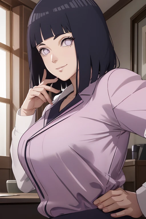 masterpiece, best quality, highres, Hinata Hyuga, anime Naruto Shippuden, hair_over_one_eye, solo, earring, breasts, expressionless, cowboy shot, playboy bunny, rabbit ears, restaurant, sitting, crossed legs, perfect anatomy, milf, thicc thighs, huge breasts, sexy