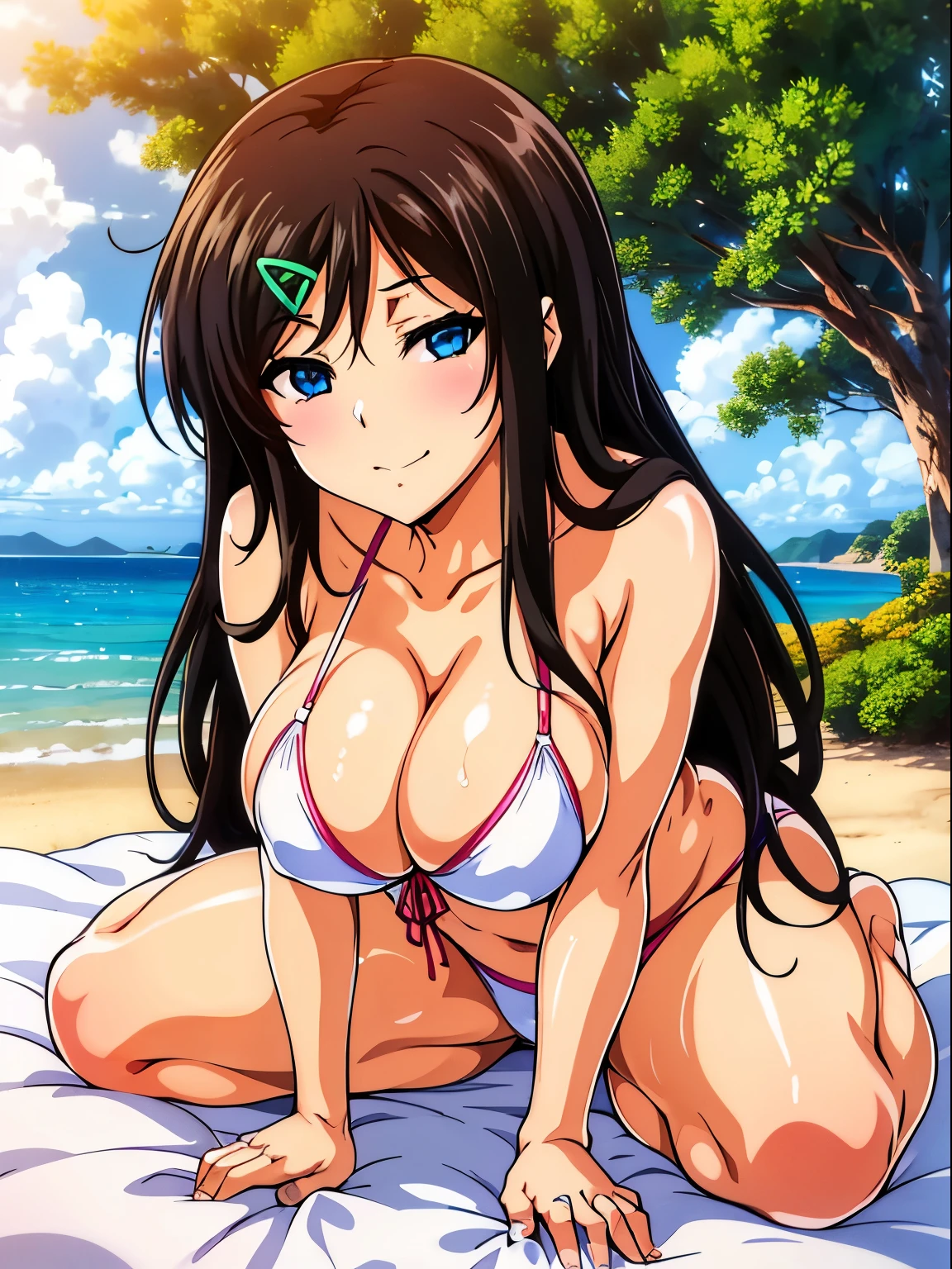 a cartoon image of a woman in a bikini on the beach, oppai, in the beach, at the beach, at a beach, marin kitagawa fanart, oppai proportions, ecchi, big breasts!!, [ 4 k digital art ]!!, ecchi anime style, big breasts!, on a sunny beach, nagatoro, seductive anime girl