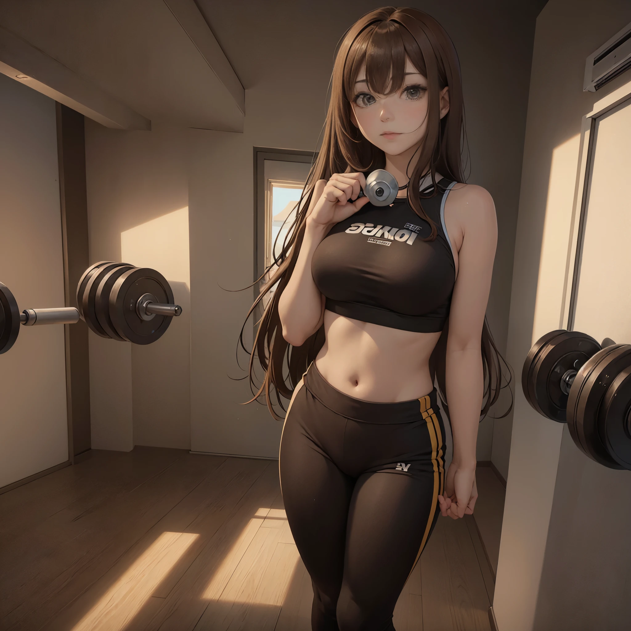 masuter piece, Best Quality, Beautiful 8k wallpaper)), (lovely), (Full body like),(((1girl in、Standing))),23years old,(training gym)、((trainingwear、Holding dumbbells in both hands))（Brown hair long hair、Bangs center parting）