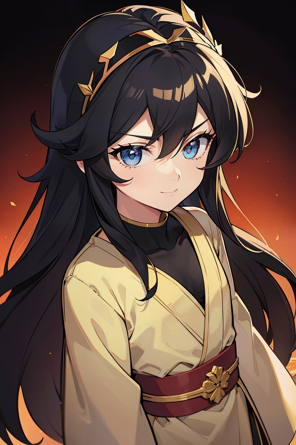 (high-quality, breathtaking),(expressive eyes, perfect face) portrait, 1girl, girl, solo, black hair, blue coloured eyes, stylised hair, gentle smile, medium length hair, loose hair, side bangs, curley hair, really spiky hair, spiked up hair, stylized hair, looking at viewer, portrait, ancient greek clothes, black long sleeved tunic gold trim around collar edges and down middle, greek, red and gold sash, simple background, laurel accessory, slightly narrow eyes, baby face, small by expression, clothes similar to Hypnos Saint Seiya