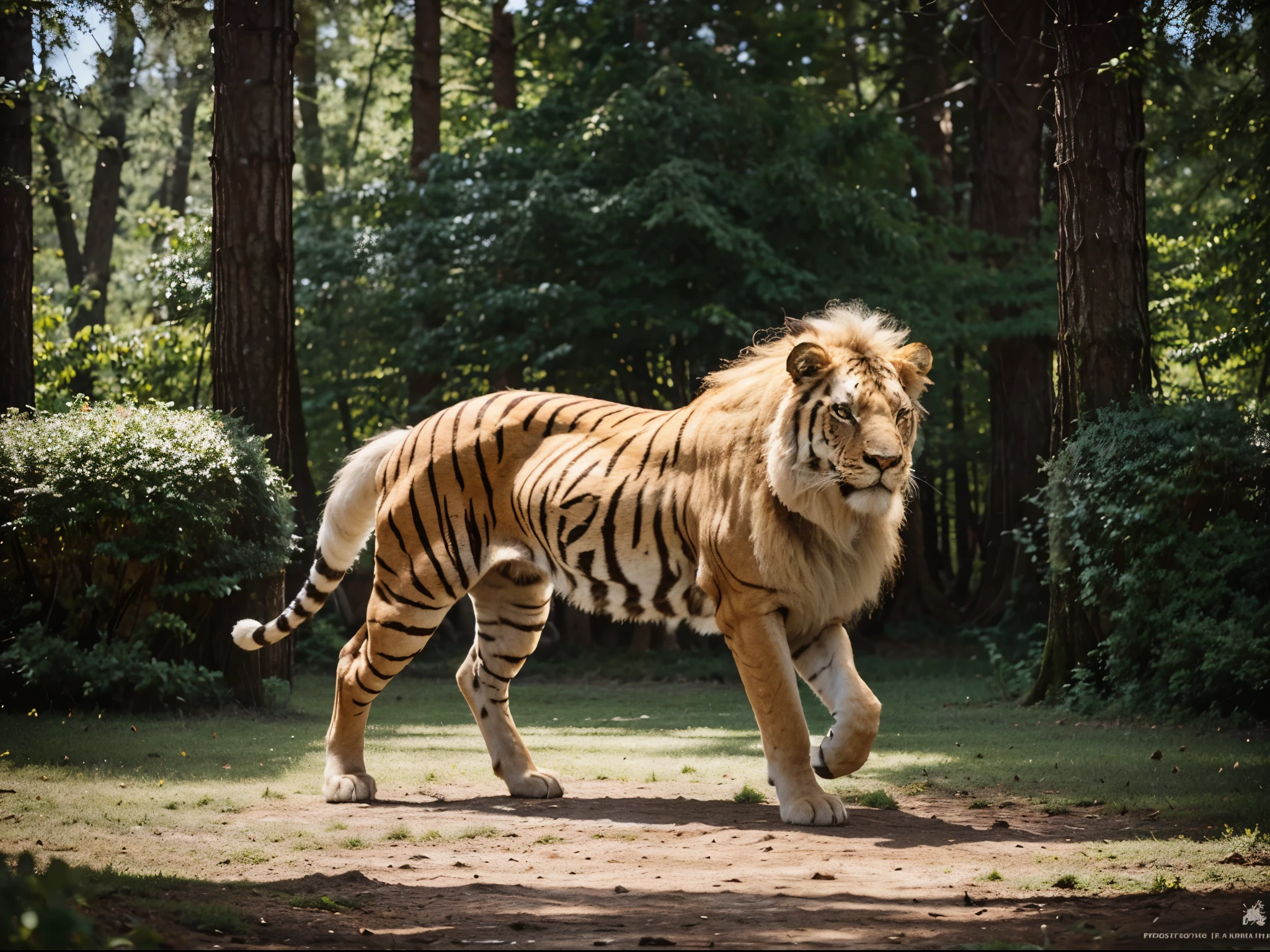 Imaginative crossbreed of Lion mix with Albino Tiger and Woolly Rhino, photorealistic, hybrid animal, hyper detail, Bokeh background, full body, realistic, realism, animal photography, documentary, perfect anatomy, 1animal, perfect breed, natural