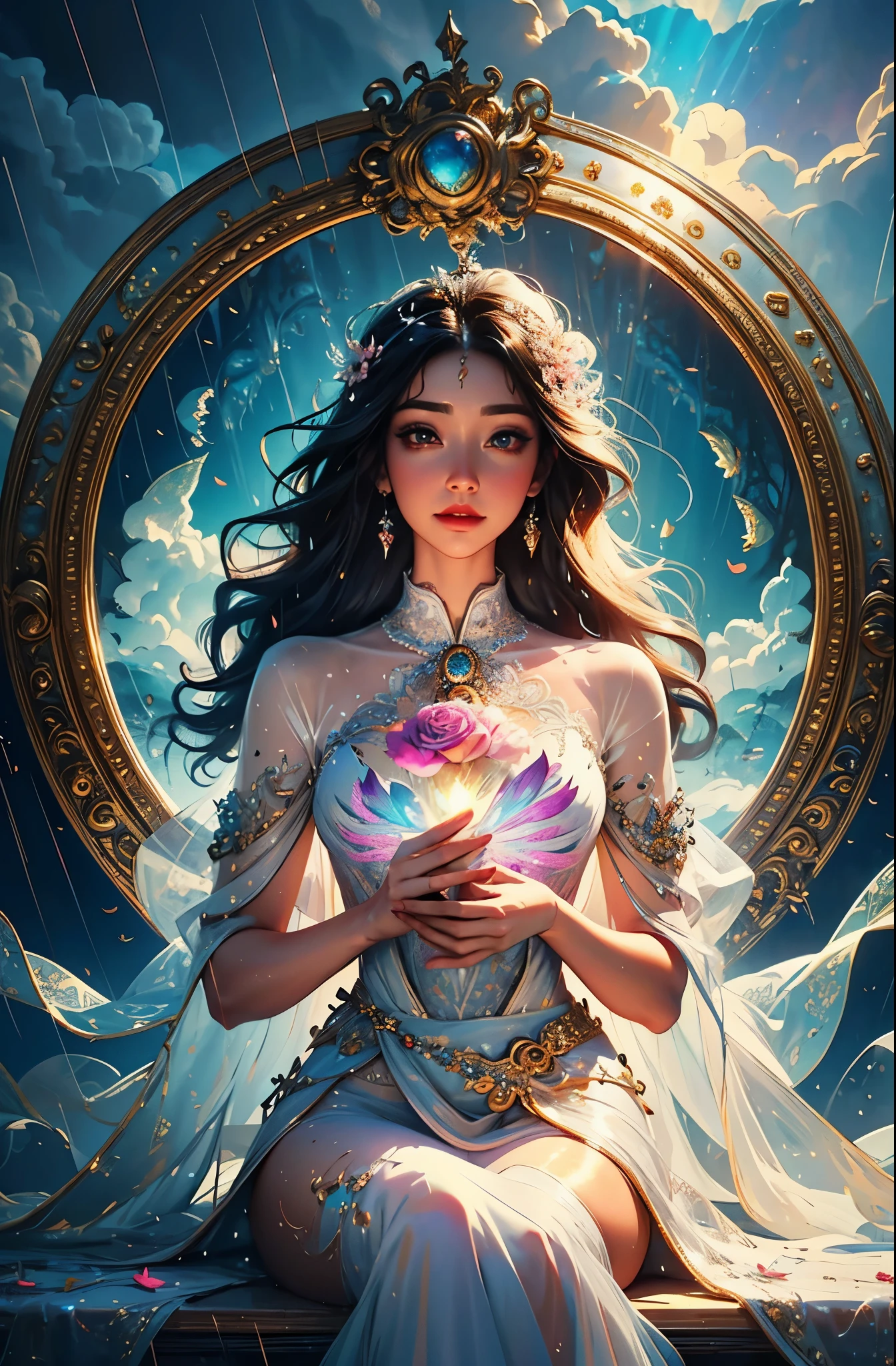 1girl sitting in hourglass bench, (masterpiece), best quality, expressive detailed eyes, perfect face, huge floating antique hourglass, beautiful girl sitting inside the hourglass, lamp lantern clock, magical swirling sky, rain clouds with lightning, long wavy black hair, Beautiful Illustration homepage style, high resolution, strong outline, 8k, famous art style, transparent white silk dress, fashion style, bright mist. Paint water splashes. Sparkle particles like gems, Magic spell. Pink silver gray color gradient glowing vapor veil wave. Baroque elements, intricate oil paintings, bubbles and swirling fountains, full body, extremely detailed (Fractal Art: 1.3), vibrant colors, more detailed, slight smile, transparent clothing, mandalas and plumeria flowers, best quality, vibrant hair fused in water, beautiful visible pubic area, perfect smile and full lips, delicate and perfect body, digital painting, intricately detailed eyes looking at camera slightly turning of head, fine art, oil painting, finely drawn magical garden, metallic roses, autumn leaves, metallic colors and enamel, oil tan skin, shiny skin, legends concept art, 8k volumetric lighting