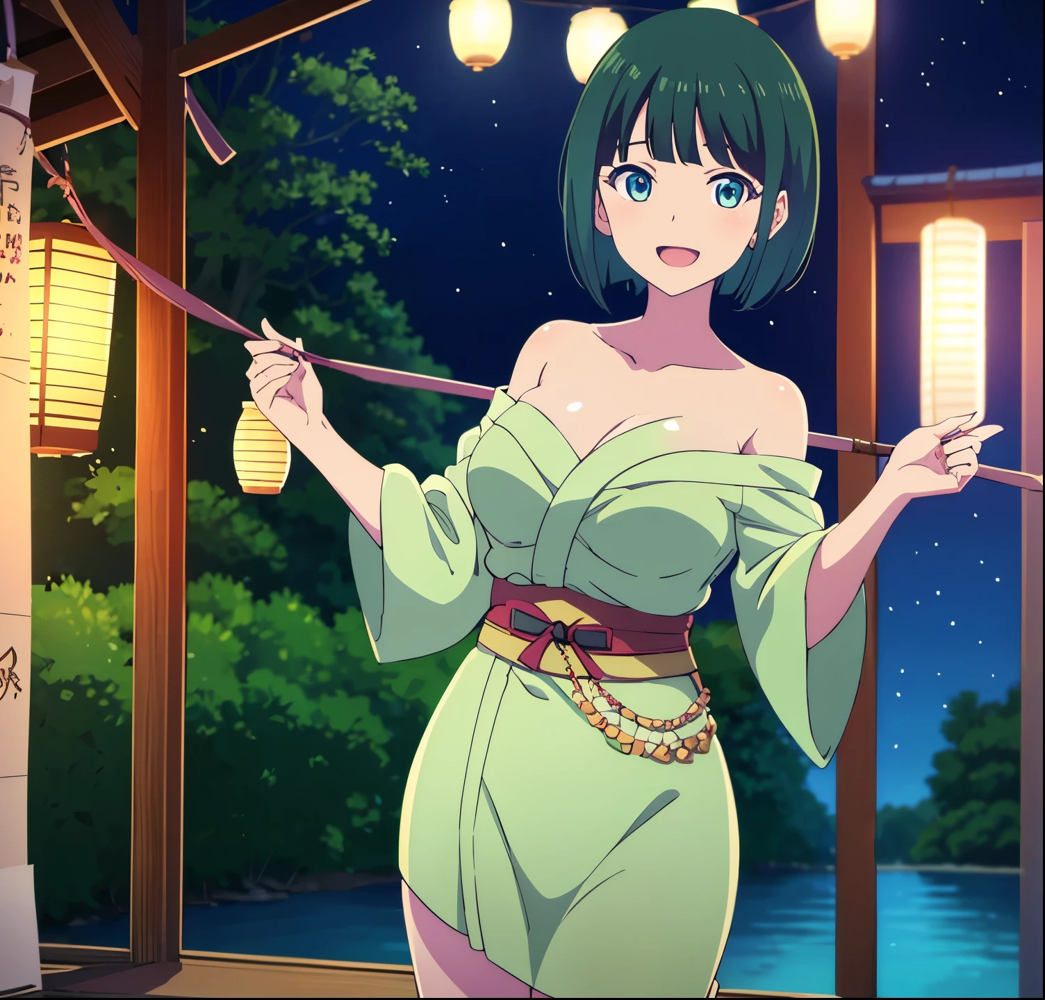 masterpiece, best quality, highres,shiragiku  ono,1girl, alone, short hair, green hair, bob cut, blue eyes, large breasts,, off shoulder, strapless, collarbone, japanese clothes, kimono, night, smile, open mouth, summer festival, standing