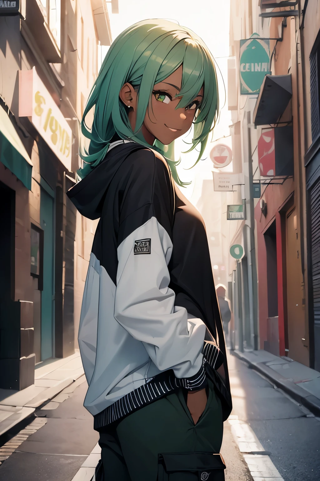 (masterpiece:1.4), 1girl, Streetwear, cargo pants, street, model,(masterpiece, best quality, highres, ultra detailed ), smirk rizz smile, night, depth of field, absurdreasterpiece:1.4), ultra-detailed, 1girl, dark-skinned, stand up, black and yellow, long black wildly hair with white streaks, tatoos, sage green hair, cool backstreet background, beautiful face