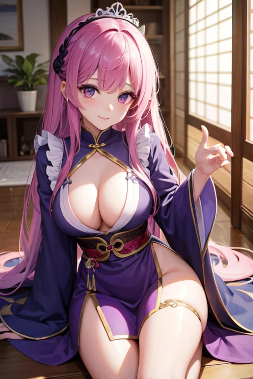 Bright purple Taoist robe, Falda larga Hanfu, ojos grandes, Obra maestra belleza absoluta, 1 mujer, primer plano. primer plano, sonrisa curativa, escena de nieve, , trenza retorcida, Peinado princesa corte princesa, Accesorios sencillos para el cabello,sexy
