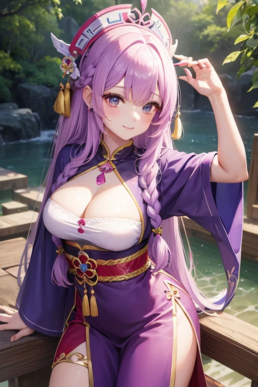 Bright purple Taoist robe, Falda larga Hanfu, ojos grandes, Obra maestra belleza absoluta, 1 mujer, primer plano. primer plano, sonrisa curativa, escena de nieve, , trenza retorcida, Peinado princesa corte princesa, Accesorios sencillos para el cabello,sexy