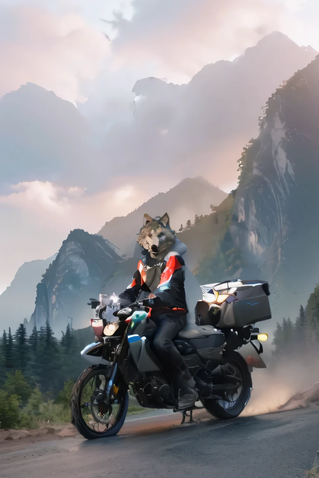 Man riding a motorcycle with wolf head，Drive along the dirt road， Zou Zhe’s digital paintings， Hot topics on artstation， furry art， Guviz-style artwork， Over the mountains， Artie Guerlain and Steve McCurry， People on motorcycles， Wojtechforadass composition， guweiz， Shen Haicheng