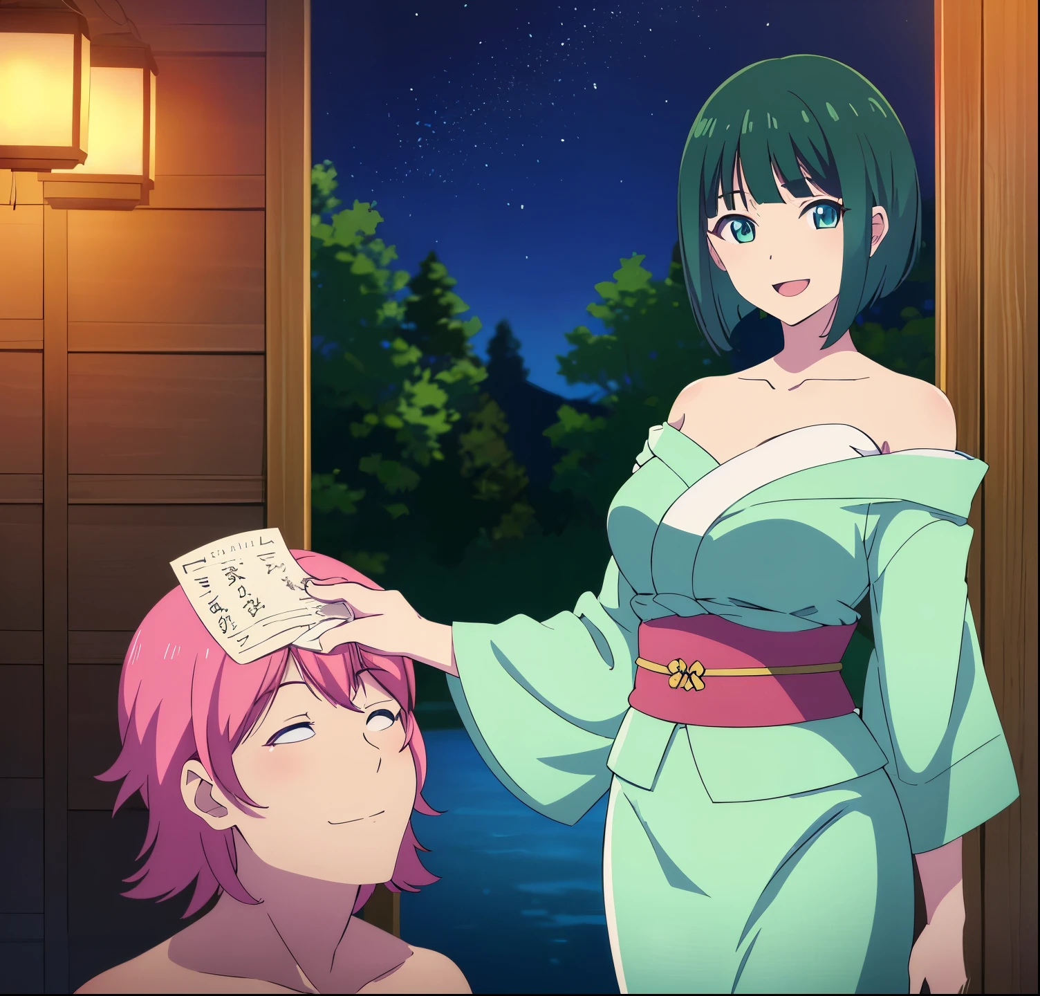 masterpiece, best quality, highres,shiragiku  ono,1girl, alone, short hair, green hair, bob cut, blue eyes, large breasts,, off shoulder, strapless, collarbone, japanese clothes, kimono, night, smile, open mouth, summer festival, standing