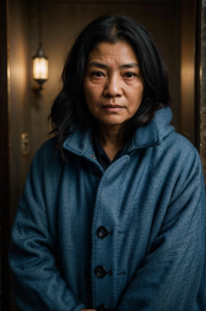 (Steve McCurry style), An old Japanese woman, wrinkled, sad and homeless ((wearing a blue wool coat)), (melancholy), 1woman, solo, straight black hair and hairstyle, very detailed face, beautiful eyes, [chubby], adorable, with bright eyes, sad eyes, bitter, (Rembrandt Lighting), zeiss lens, ultra realistic, (highly detailed skin: 1.2), 8k uhd, dslr, Dramatic Kidney light,  high quality, Fujifilm XT3,