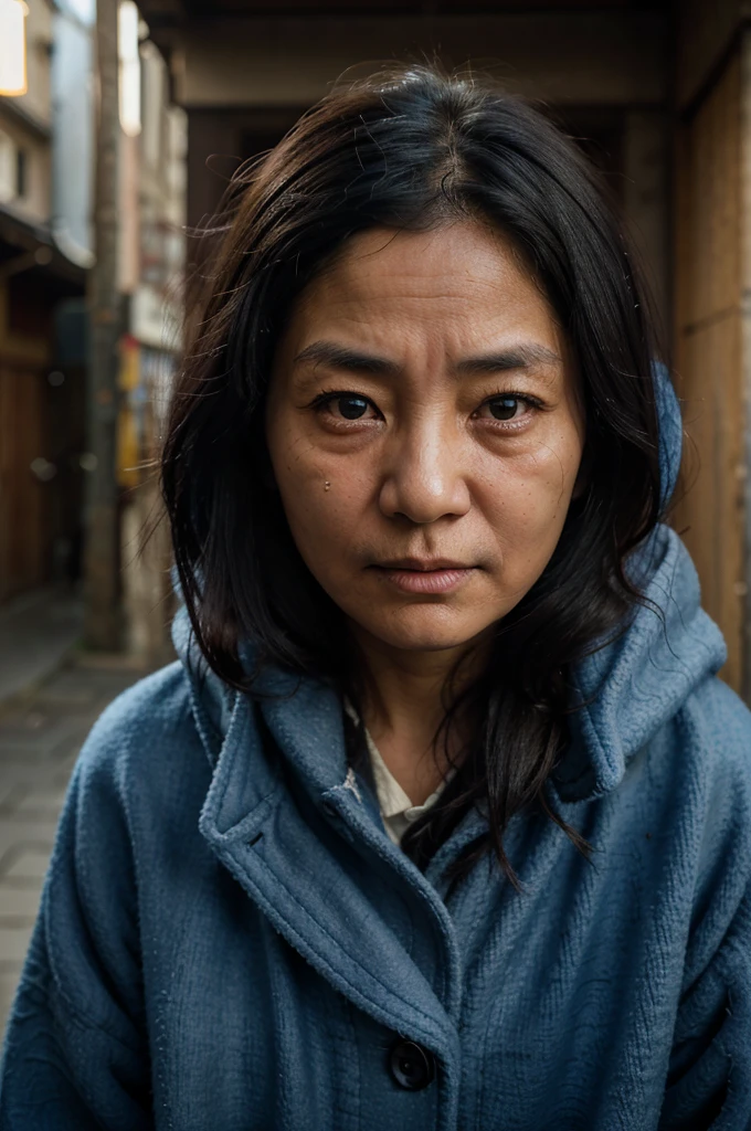 (Steve McCurry style), An old Japanese woman, wrinkled, sad and homeless ((wearing a blue wool coat)), (melancholy), 1woman, solo, straight black hair and hairstyle, very detailed face, beautiful eyes, [chubby], adorable, with bright eyes, sad eyes, bitter, (Rembrandt Lighting), zeiss lens, ultra realistic, (highly detailed skin: 1.2), 8k uhd, dslr, Dramatic Kidney light,  high quality, Fujifilm XT3,