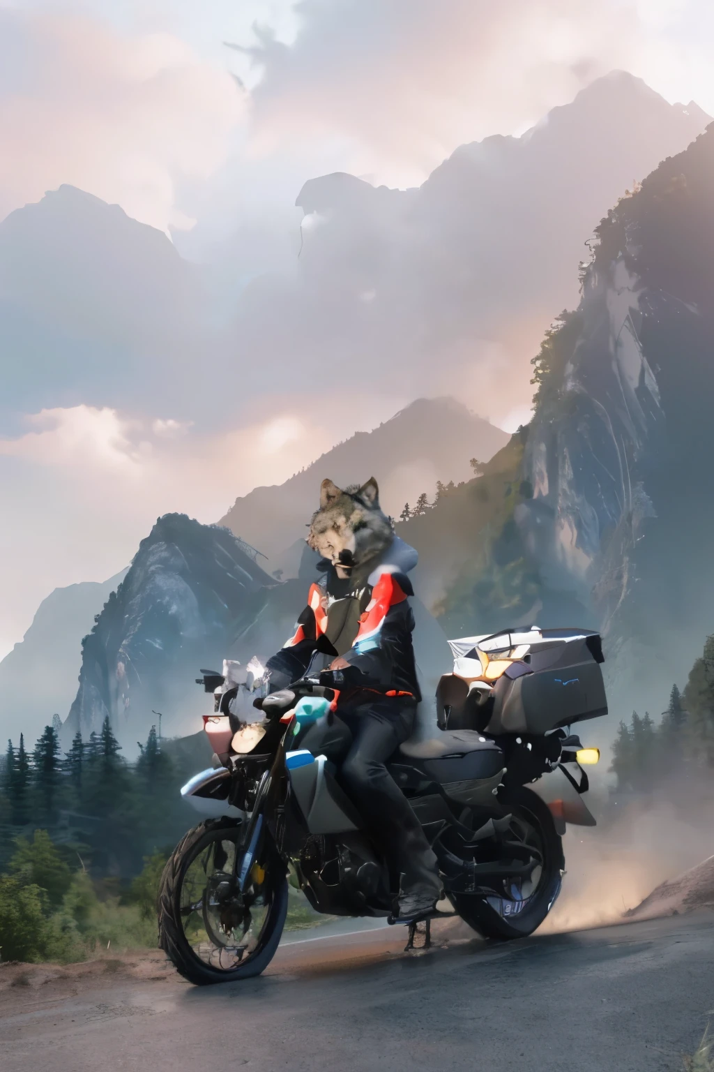 Man with wolf head riding motorcycle，Drive along the dirt road， Zou Zhe’s digital paintings， Hot topics on artstation， furry art， Guweiz style artwork， Crossing mountains and ridges， Artie Guerlain and Steve McCary， People on motorcycles， Wojtechforadass composition， guweiz， Shen Haicheng