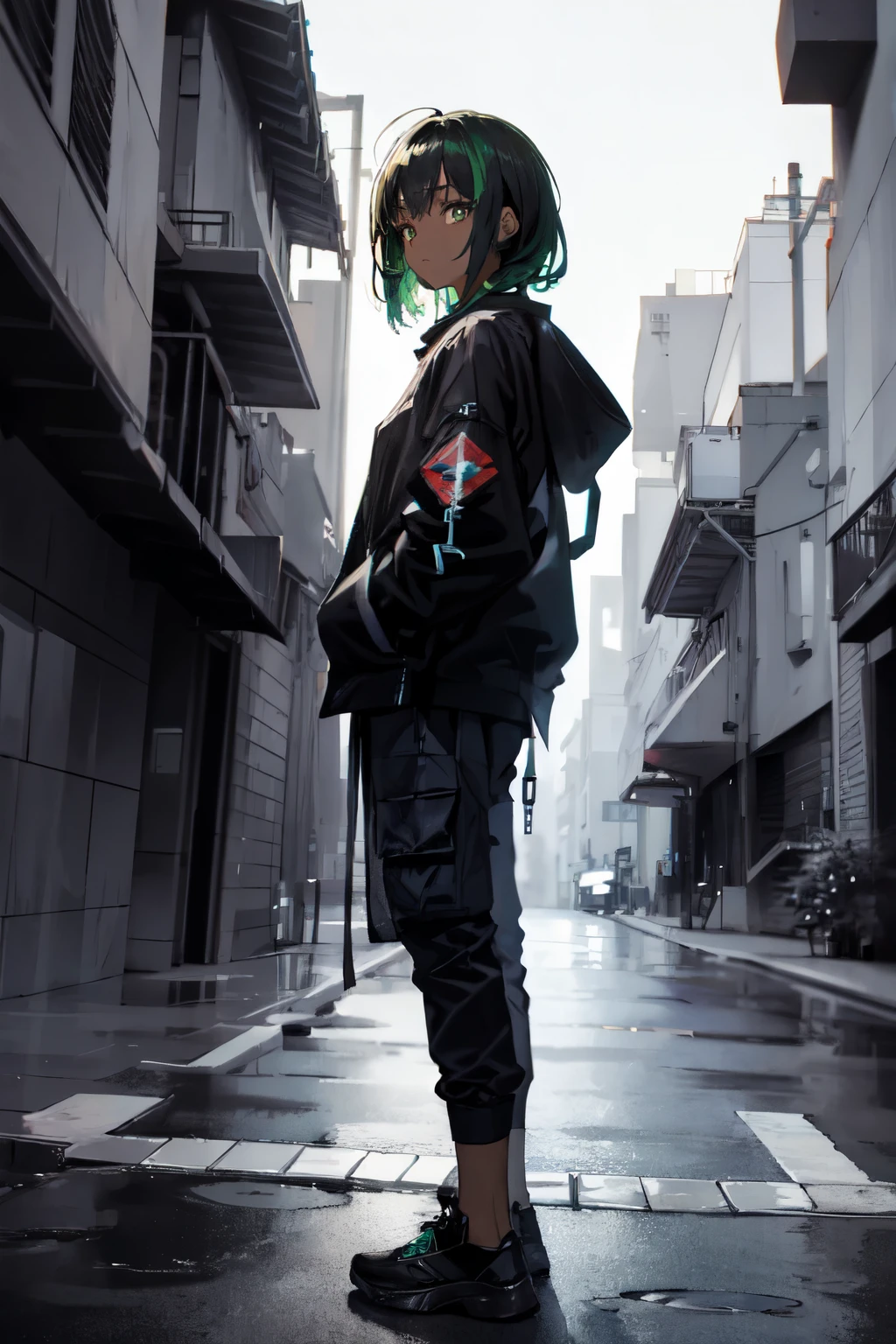 (masterpiece:1.4), 1girl, Streetwear, cargo pants, street, model,(masterpiece, best quality, highres, ultra detailed ), night, depth of field, absurdreasterpiece:1.4), ultra-detailed, 1girl, dark-skinned, stand up, black and yellow, long black wildly hair with white streaks, tatoos, green hair, cool backstreet background, beautiful face