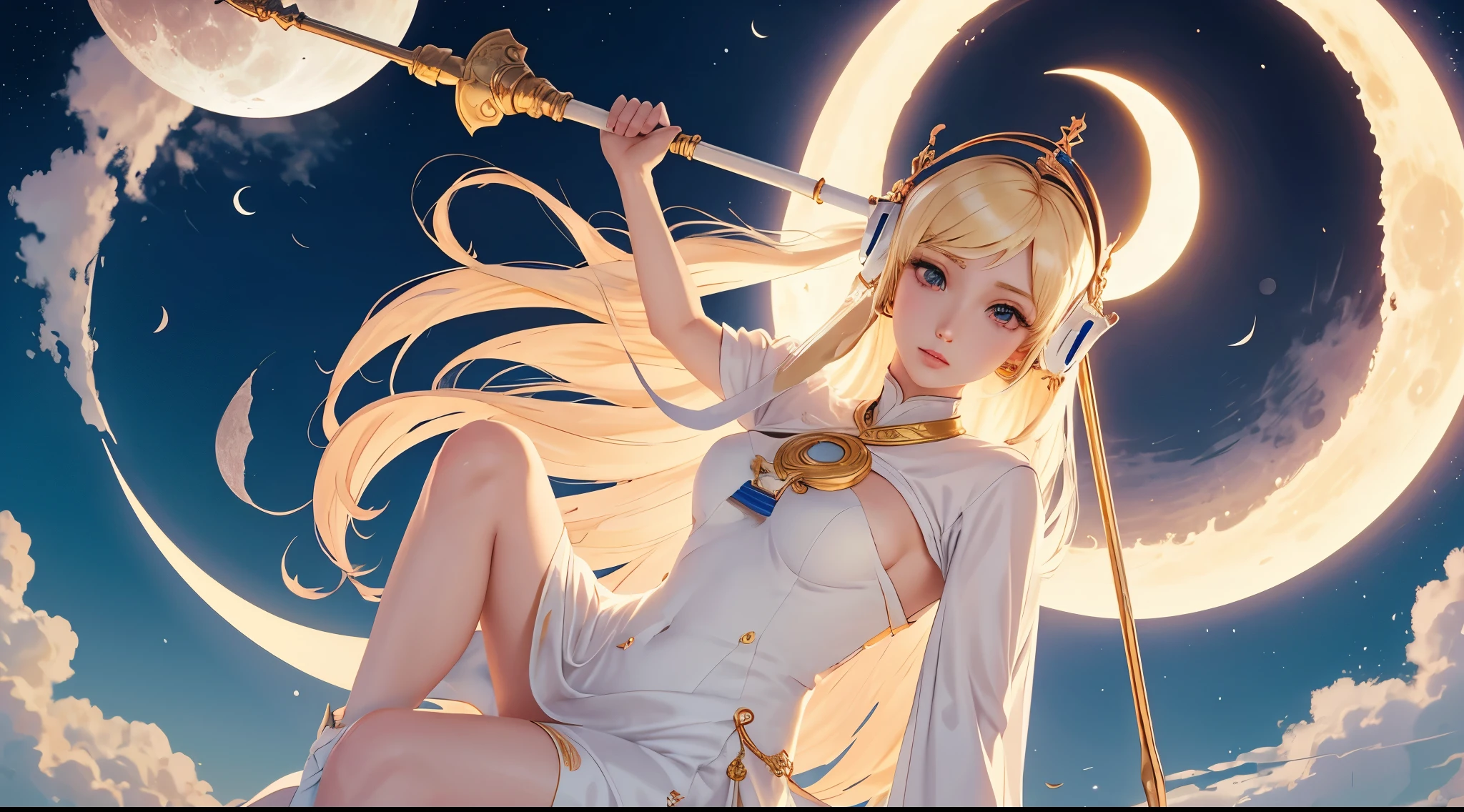 Masterpiece, best quality, Gigantic Key staff, crescent Moon, White headphone, blonde, Korean, beautiful face, tall, slender, goddess of the moon, detailed face, moon temple, full body, anime pastel