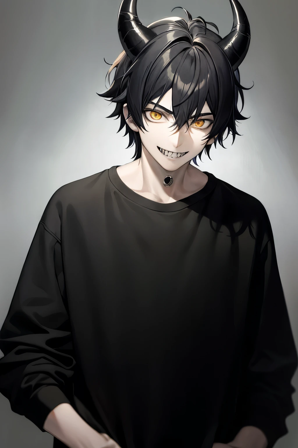 A teenage boy with black hair and bangs between his eyes, with a psychopathic smile on his face, yellow eyes, sharp teeth, with horns, in a black sweatshirt, with his hands in his pocket, looking at the viewer, on a blurred gray background.