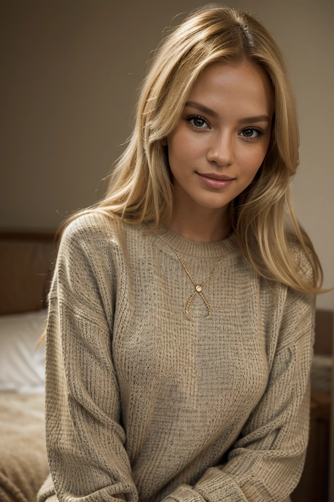 Portrait of a model woman with blond hair in a warm designer sweater, in the style of branded clothing, With the sweater in full view, Panasonic GH5, happy expressions, low key image, sharp texture - Image #2 @SlengSleng