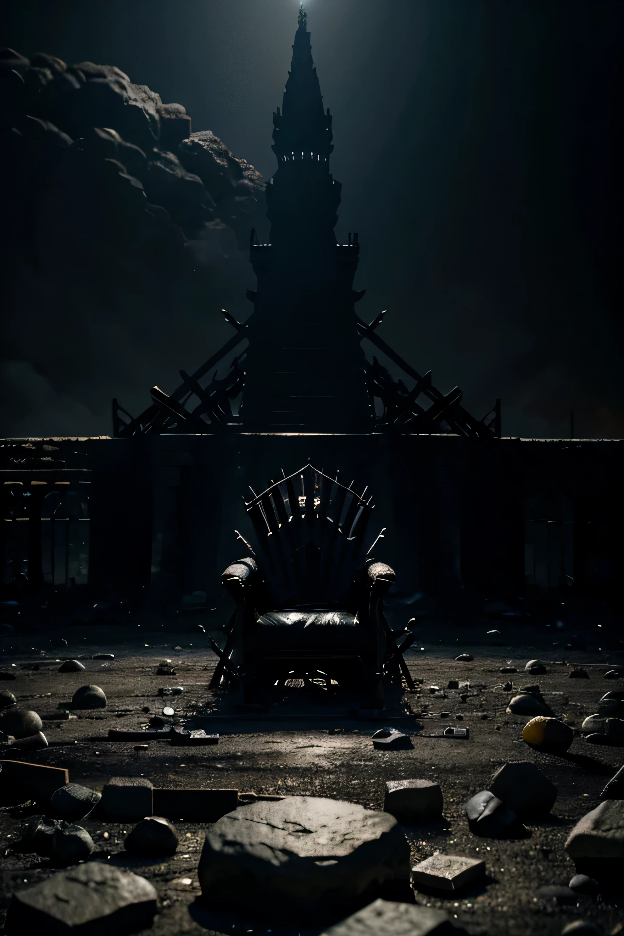 global destruction scenario, several burnt objects and an iron throne in the center on top of the pile of stones waiting for the God to sit on it