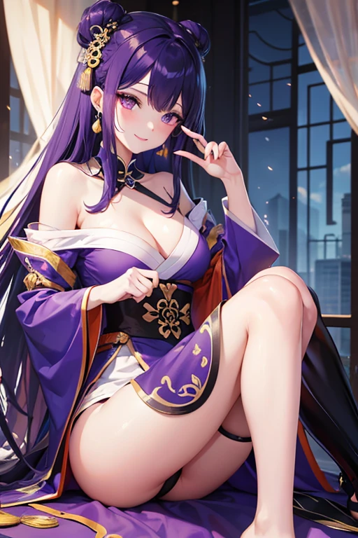 Bright purple Taoist robe, Falda larga Hanfu, ojos grandes, Obra maestra belleza absoluta, 1 mujer, primer plano. primer plano, sonrisa curativa, escena de nieve, , trenza retorcida, Peinado princesa corte princesa, Accesorios sencillos para el cabello,sexy