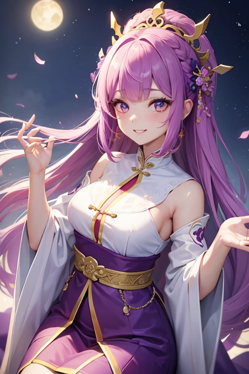 Bright purple Taoist robe, Falda larga Hanfu, ojos grandes, Obra maestra belleza absoluta, 1 mujer, primer plano. primer plano, sonrisa curativa, escena de nieve, , trenza retorcida, Peinado princesa corte princesa, Accesorios sencillos para el cabello,sexy