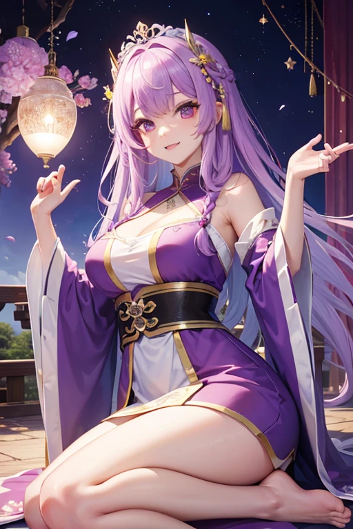 Bright purple Taoist robe, Falda larga Hanfu, ojos grandes, Obra maestra belleza absoluta, 1 mujer, primer plano. primer plano, sonrisa curativa, escena de nieve, , trenza retorcida, Peinado princesa corte princesa, Accesorios sencillos para el cabello,sexy